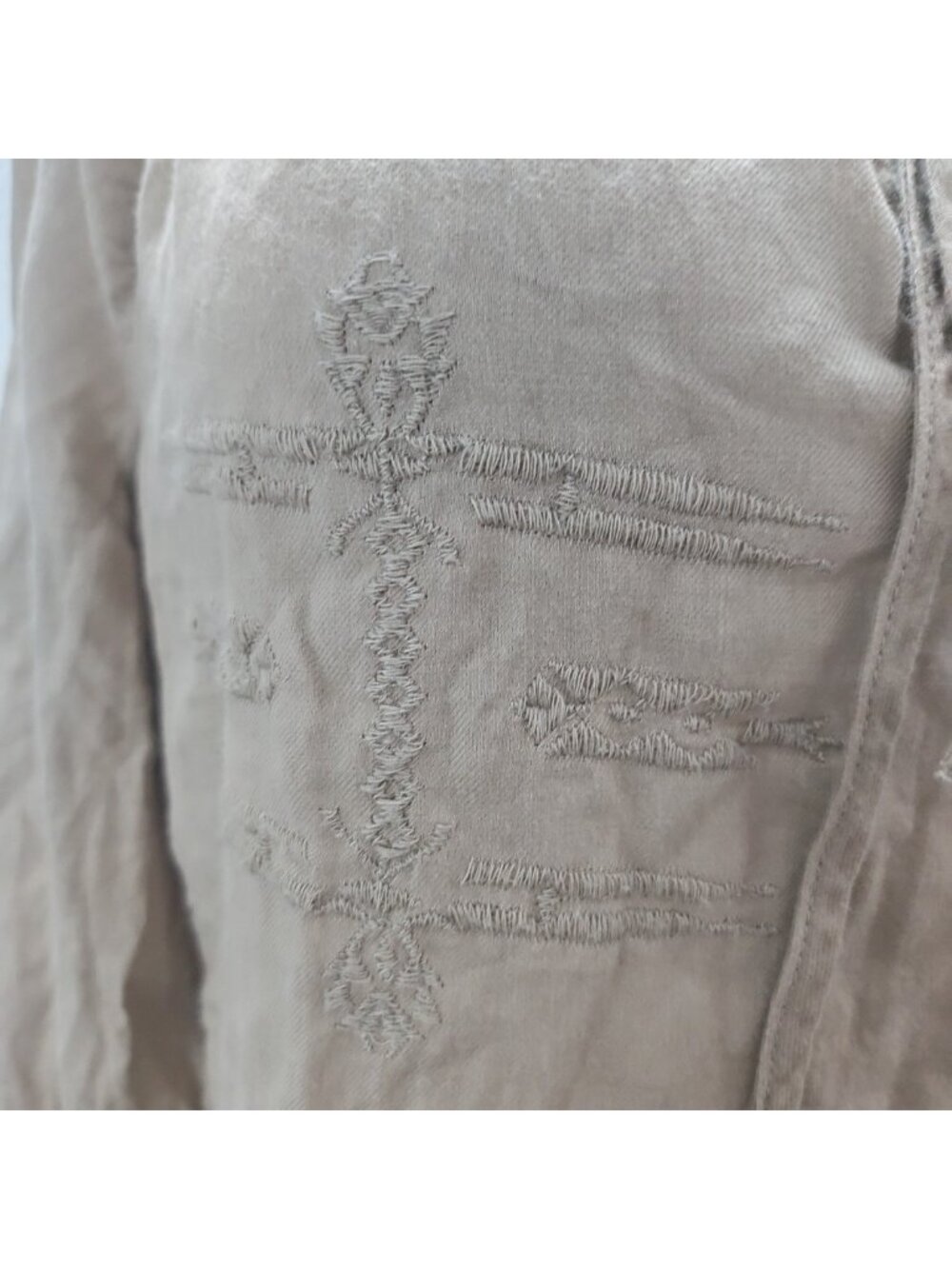 Old Navy Boho Peasant Blouse Medium Beige Embroidered Tie Neck Cottagecore Top - Picture 3 of 10